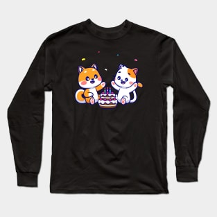 Cute Shiba Inu Dog And Cat With Birthday Cake Cartoon Long Sleeve T-Shirt